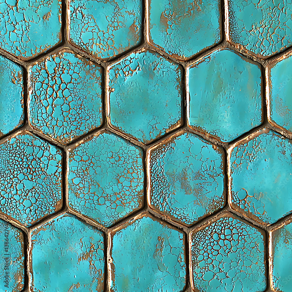 Close-up of turquoise hexagonal tiles with a textured cracked finish and metallic bronze grout lines.