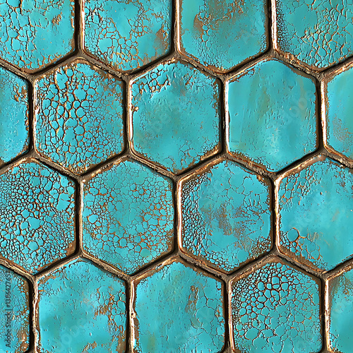 Obraz na płótnie Close-up of turquoise hexagonal tiles with a textured cracked finish and metallic bronze grout lines. w salonie