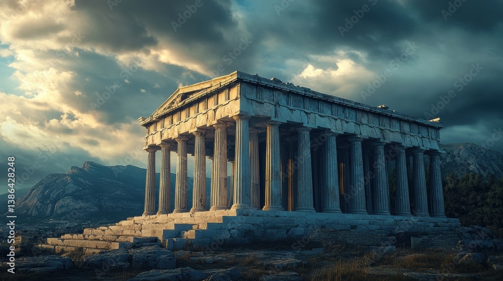 Obraz premium Stunning view of a classical Greek temple featuring many Corinthian columns, illuminated by soft golden light, set against a dramatic sky filled with clouds. The temple, partially surrounded by natura