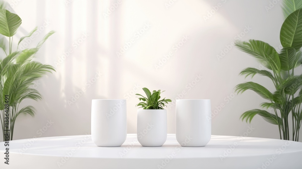 Minimalist plant display on a white table Minimalist plant display on a white table