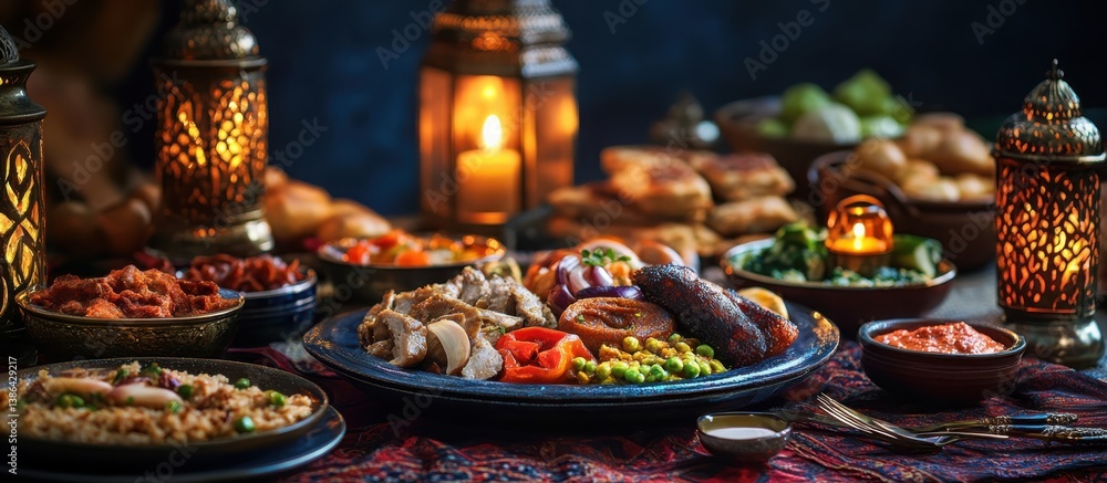 Sumptuous Middle Eastern feast with vibrant dishes and lanterns creating a warm ambiance. Sumptuous Middle Eastern feast with vibrant dishes and lanterns creating a warm ambiance.