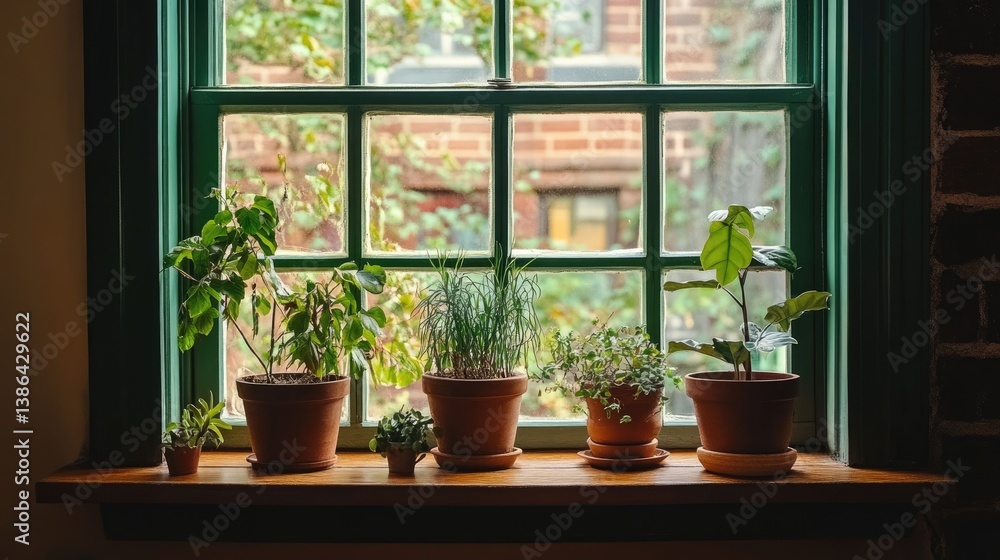 Fototapeta premium Indoor tropical plants in terracotta pots arranged in a row along a window ledge