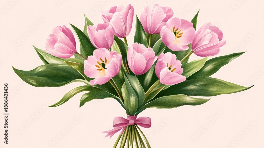 Obraz premium Minimalist bouquet of pink tulips with leaves tied by ribbon, centered on blush background