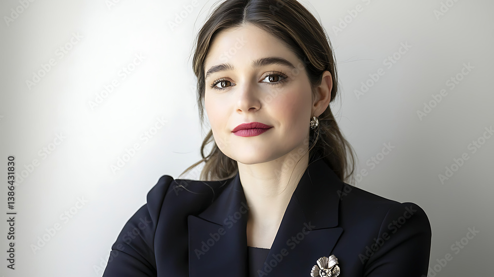 A woman wearing a black jacket and a brooch. Generated using AI. A woman wearing a black jacket and a brooch. Generated using AI.