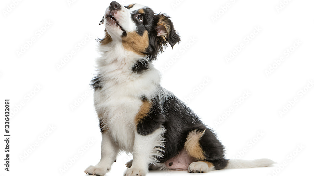 Fototapeta premium A small dog with a black and white coat is sitting on a white background. Generated using AI.