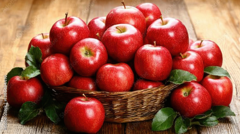 Pile of freshly picked apples in a rustic basket on wooden surface Pile of freshly picked apples in a rustic basket on wooden surface