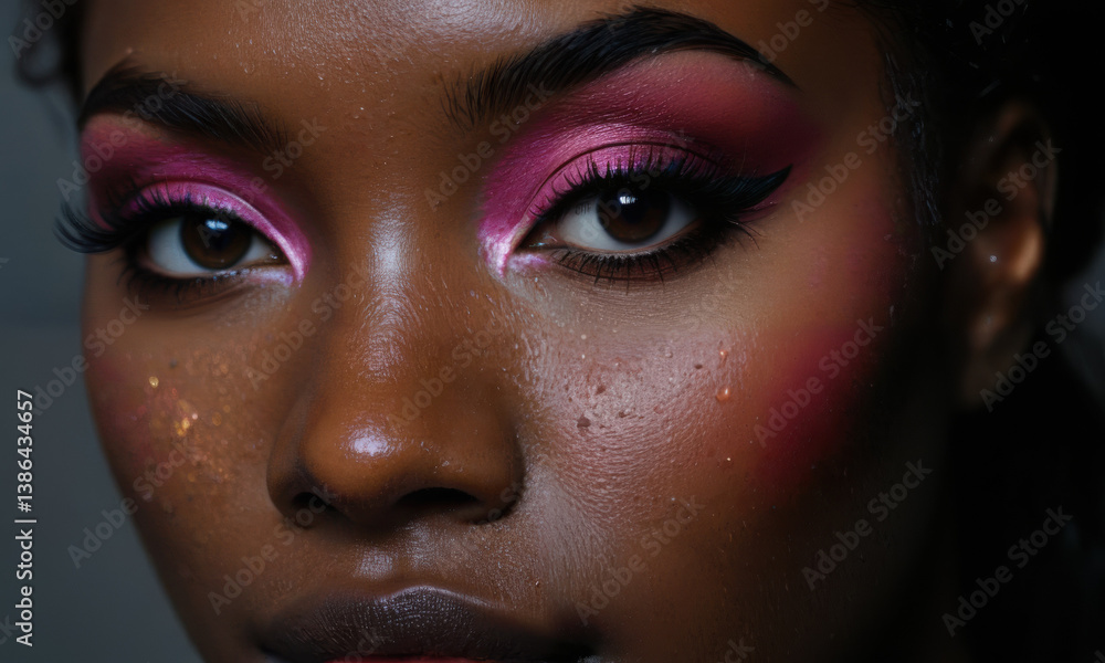 close up portrait of woman showcasing vibrant pink eye makeup and glowing skin, exuding confidence and beauty