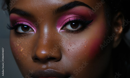 Obraz na płótnie close up portrait of woman showcasing vibrant pink eye makeup and glowing skin, exuding confidence and beauty w salonie