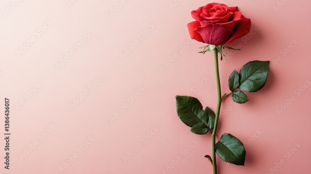 Single red rose with stem placed diagonally on blush pink background for minimal design Single red rose with stem placed diagonally on blush pink background for minimal design