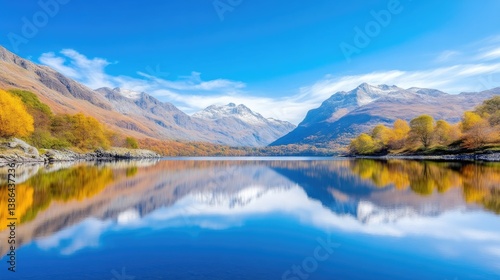 Serene autumn lake nestled amongst majestic mountains.  Tranquil reflections on a clear, placid water surface. Vibrant fall foliage