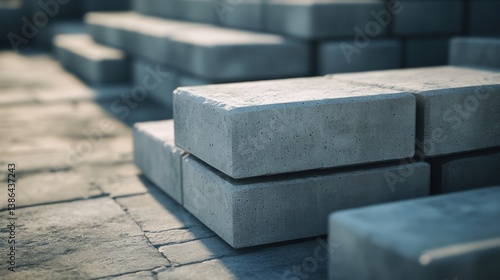 Pile of concrete blocks stacked on top of each other, with rough textures and edges visible