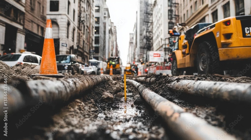 Quiet construction zone with exposed underground utilities, conduit pipes, and signage Quiet construction zone with exposed underground utilities, conduit pipes, and signage