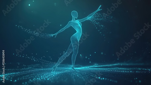 A graceful, digital representation of a dancer in a futuristic environment, surrounded by glowing particles, showcasing movement and fluidity in a mesmerizing display of light