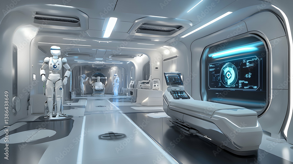 A futuristic medical facility with robots and equipment A futuristic medical facility with robots and equipment