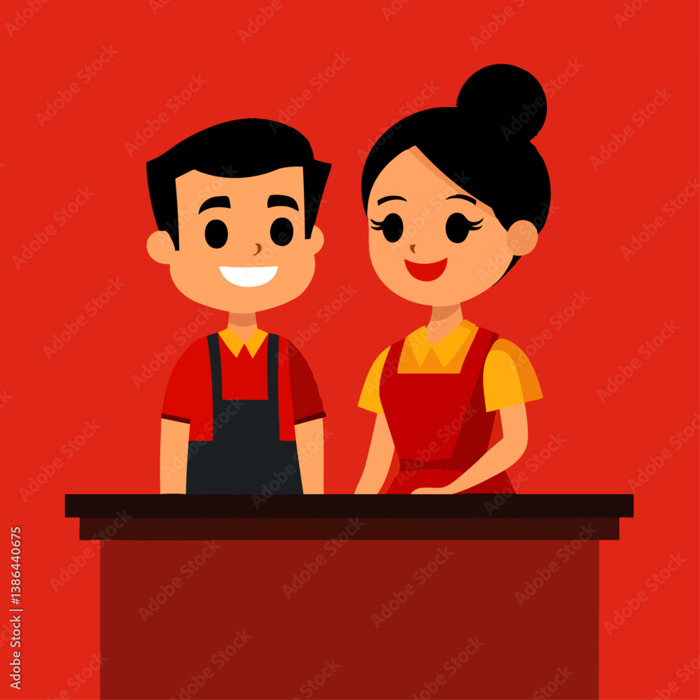 A cheerful vector illustration of a cashier ringing up a customer’s purchase A cheerful vector illustration of a cashier ringing up a customer’s purchase