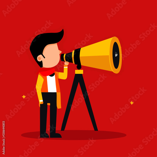 A curious vector illustration of an astronomer gazing through a telescope