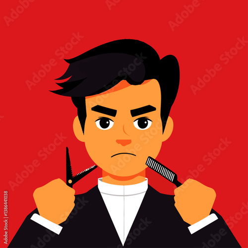 A detailed vector illustration of a skilled barber with scissors and comb, ready for a trim