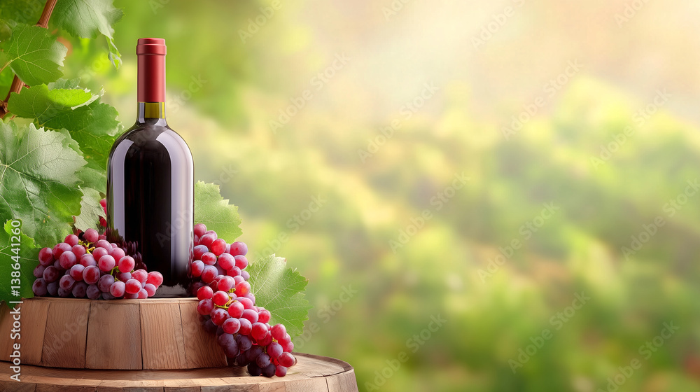 Fototapeta premium A wooden barrel features a dark wine bottle and clusters of fresh grapes in a vineyard. Soft light enhances the beauty of the scene as the sun sets, creating a peaceful ambiance