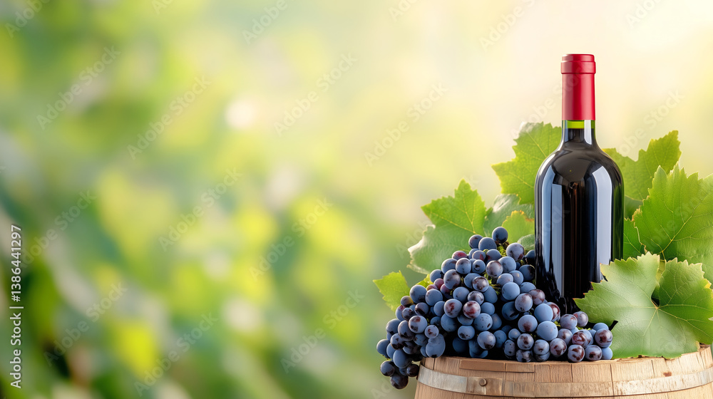 Fototapeta premium A wine bottle sits atop a rustic barrel, surrounded by plump grapes and vibrant green leaves. Sunlight filters through the vineyard, creating a warm, inviting atmosphere for wine enthusiasts