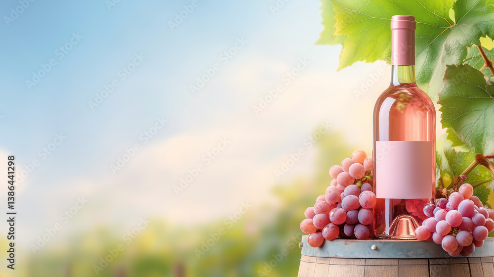 Fototapeta premium A bottle of rose wine is displayed atop a wooden barrel surrounded by clusters of fresh grapes. The vineyard stretches in the background under a clear, sunny sky, enhancing the picturesque setting
