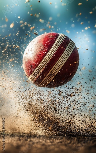 Close-up of a red cricket ball hitting the ground, scattering dirt and creating a dynamic action scene.