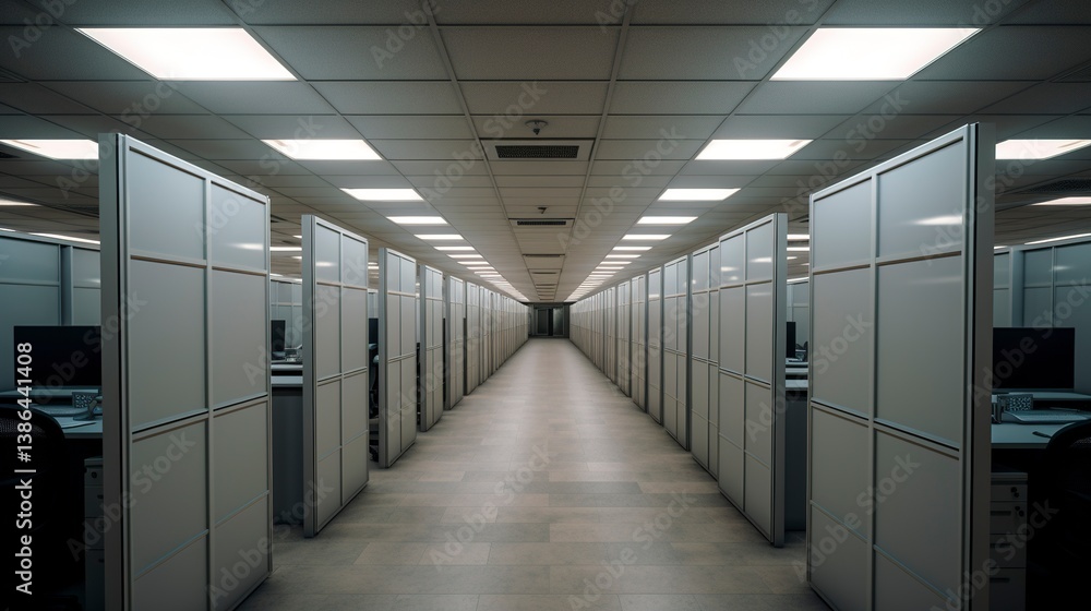 A photo of a row of office cubicles. A photo of a row of office cubicles.