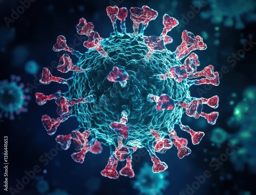 3D rendering of a coronavirus particle with spike proteins in a dark, abstract environment.