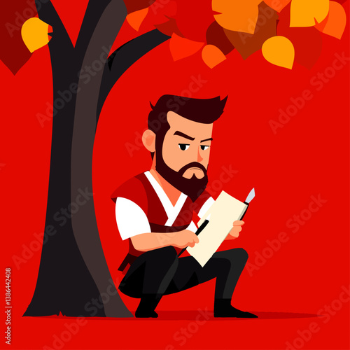 A poetic vector illustration of a poet holding a quill and parchment under a tree