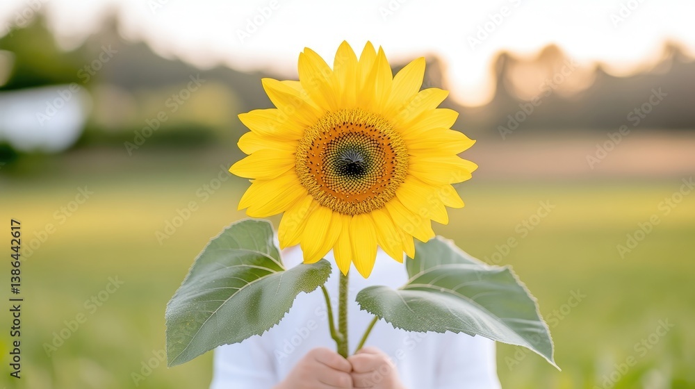 Fototapeta premium A vibrant sunflower, held by unseen hands, dominates the image. The blurred background shows a sunlit field. The photo is high-quality, with natural lighting. The style is simple and cheerful. Warm y