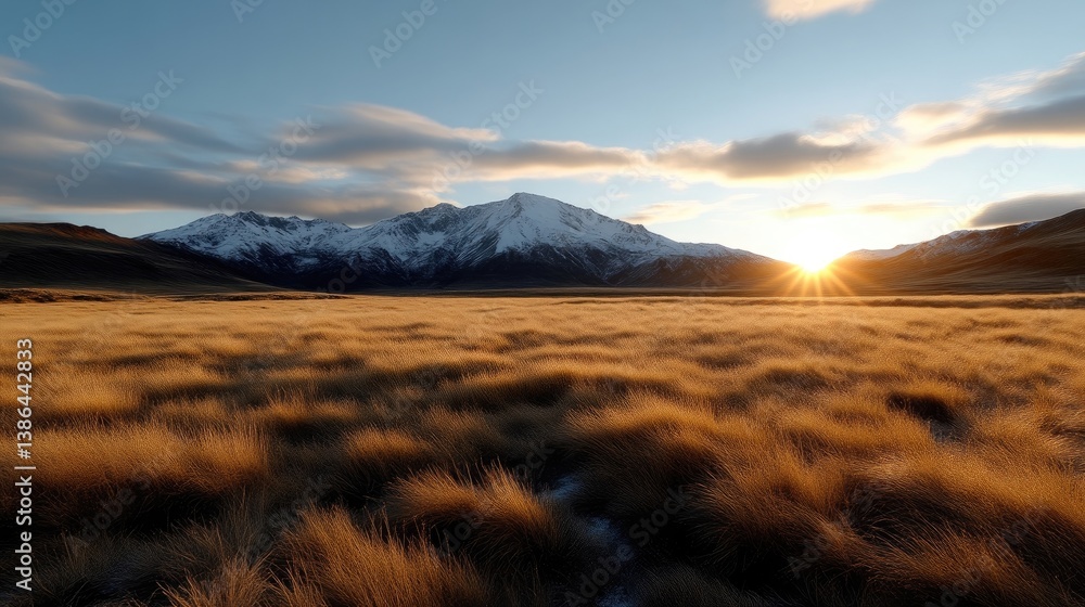 Obraz premium Golden meadow bathed in sunset light, snow-capped mountains. Vast expanse of tall grass under a vibrant sky