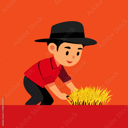A rustic vector illustration of a hardworking farmer tending to golden wheat fields