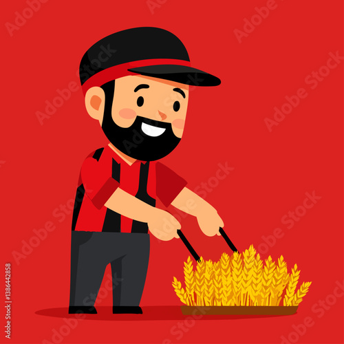 A rustic vector illustration of a hardworking farmer tending to golden wheat fields