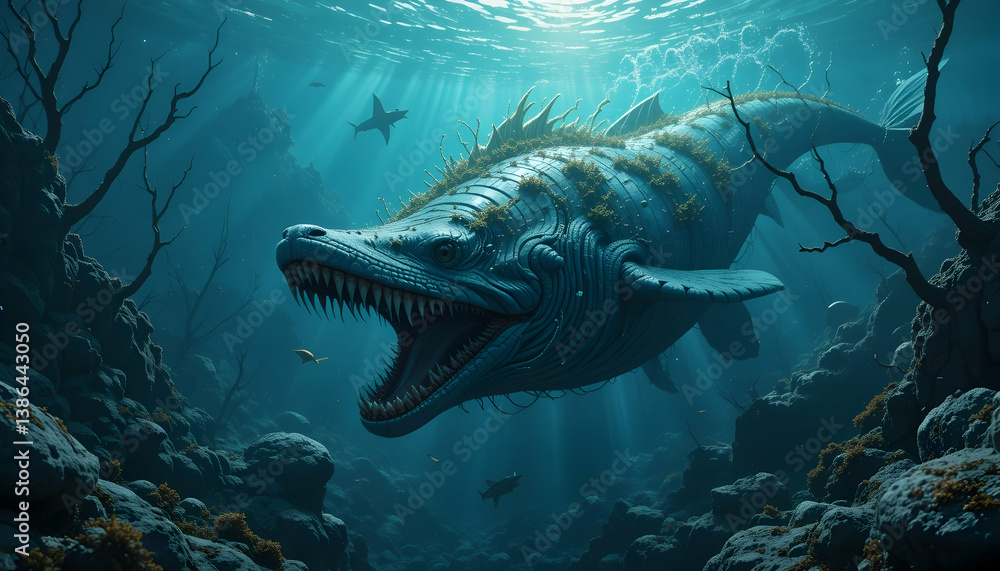 Fototapeta premium Underwater Creature with Sharp Teeth Swimming in Deep Ocean Scene