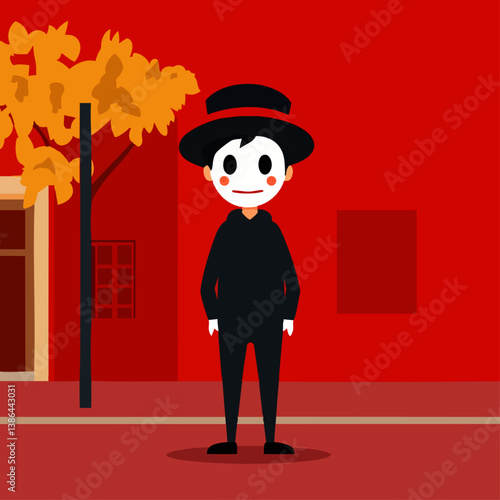 A silent vector illustration of a mime performing an invisible act on the street