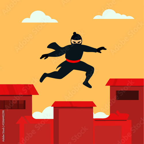 A swift vector illustration of a ninja leaping between rooftops unseen