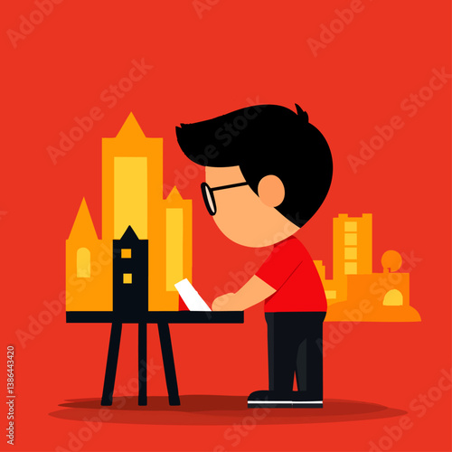 A visionary vector illustration of an architect sketching a grand cityscape