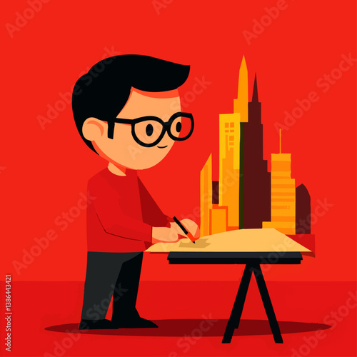A visionary vector illustration of an architect sketching a grand cityscape