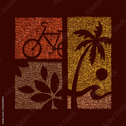 Hand-drawn drawing of elements related to leisure and summer. Stylized art with irregular line texture.