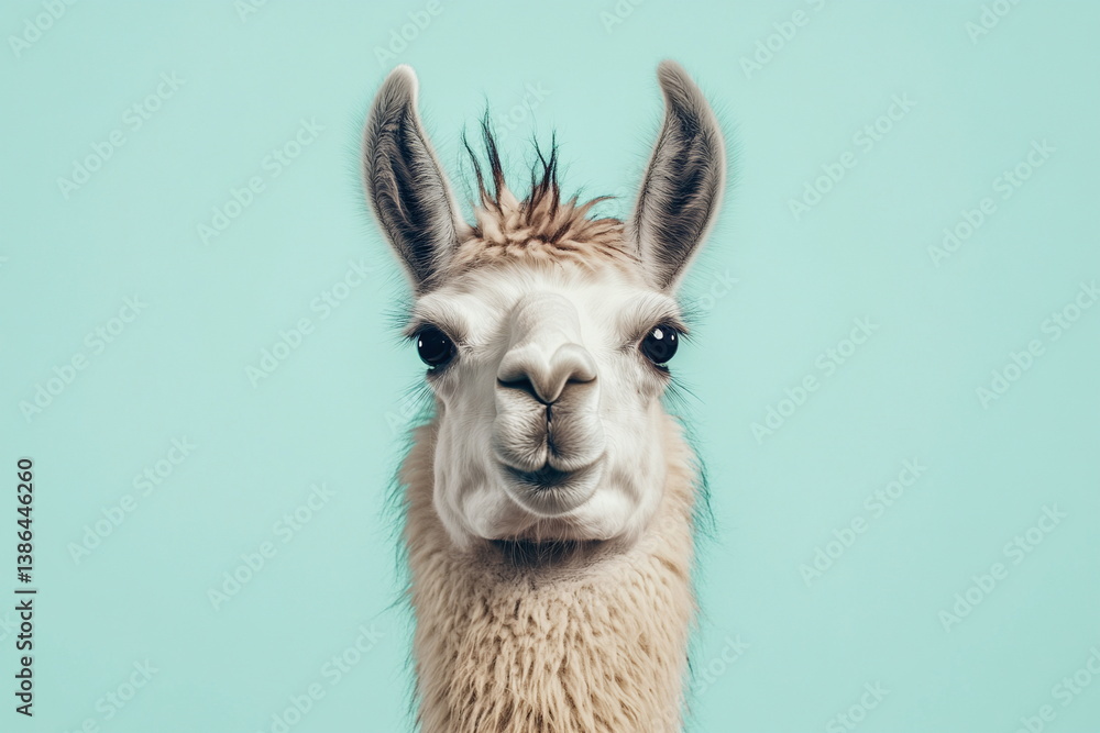 Obraz premium Minimalist profile of a white llama against a soft teal background. Elegant and calm, this portrait emphasizes the animal’s serene and graceful expression. 
