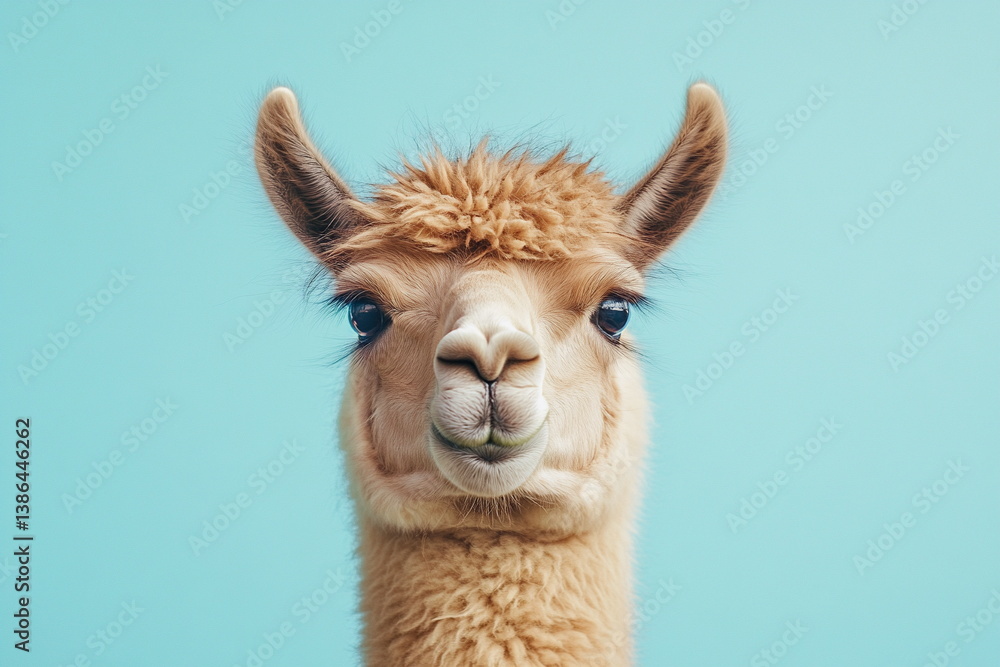 Obraz premium Minimalist profile of a white llama against a soft teal background. Elegant and calm, this portrait emphasizes the animal’s serene and graceful expression.