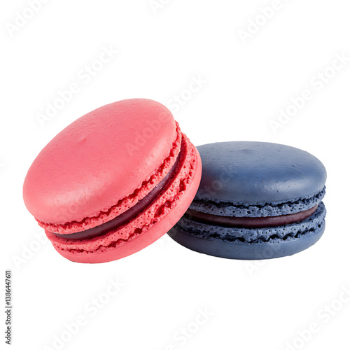 two macaroons in raspberry and blueberry isolated on white background
