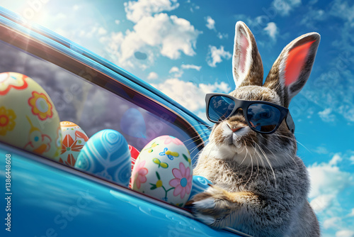 White Easter Bunny with Sunglasses in a Blue Car Surrounded by Colorful Eggs Bunny Showing from a Car