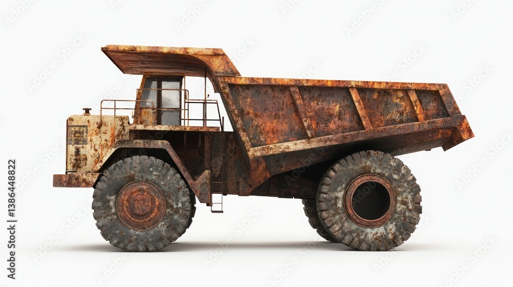 Obraz premium Rusty dump truck, isolated, white background, decay, mining