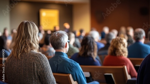 Attentive audience listens intently in a church setting.
