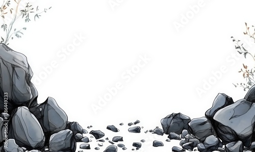 A serene illustration of a rocky landscape with scattered stones and sparse vegetation, evoking a sense of tranquility and nature's beauty in a minimalist style