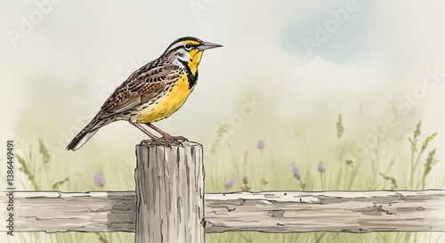 Vibrant Meadowlark Perched on Rustic Fence Post Meadow Illustration