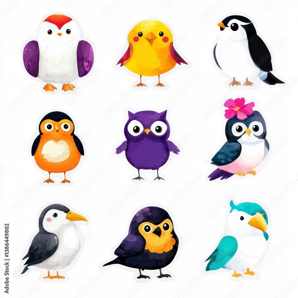Fototapeta premium Nine Adorable Cartoon Birds on White Background