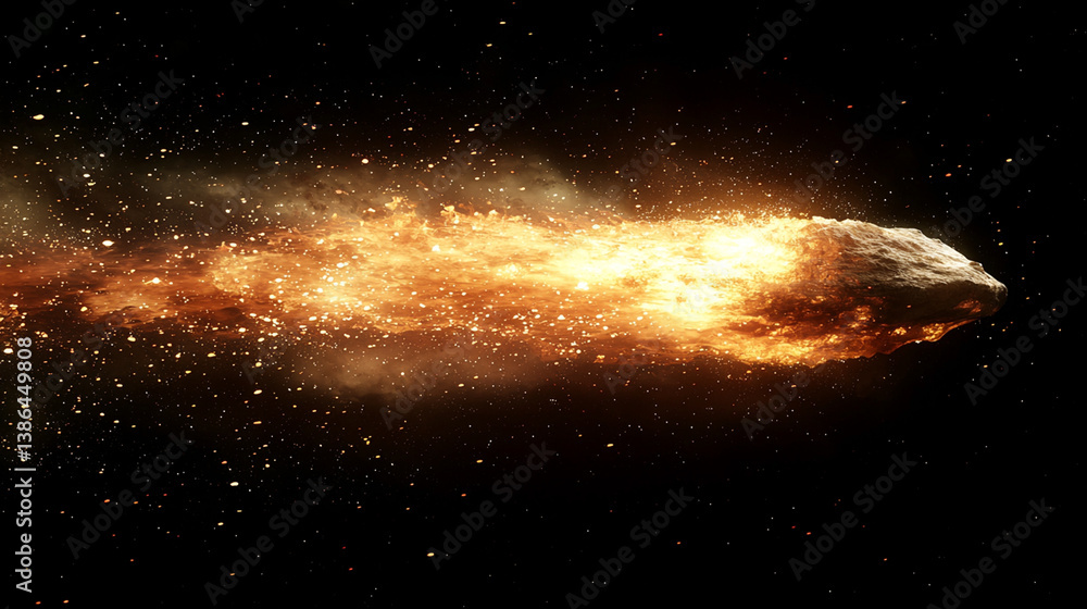 Fototapeta premium Fiery meteoroid streaking across dark space, cosmic background