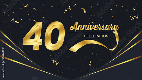 A luxurious 40th anniversary celebration design featuring bold golden typography, ribbons, and shimmering confetti on a sleek black background for a festive, elegant occasion.