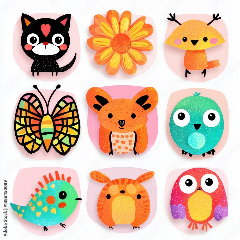 Naklejka premium Nine Whimsical Animal and Flower Illustrations